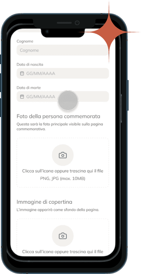 Phone showing Crea memoriale interface